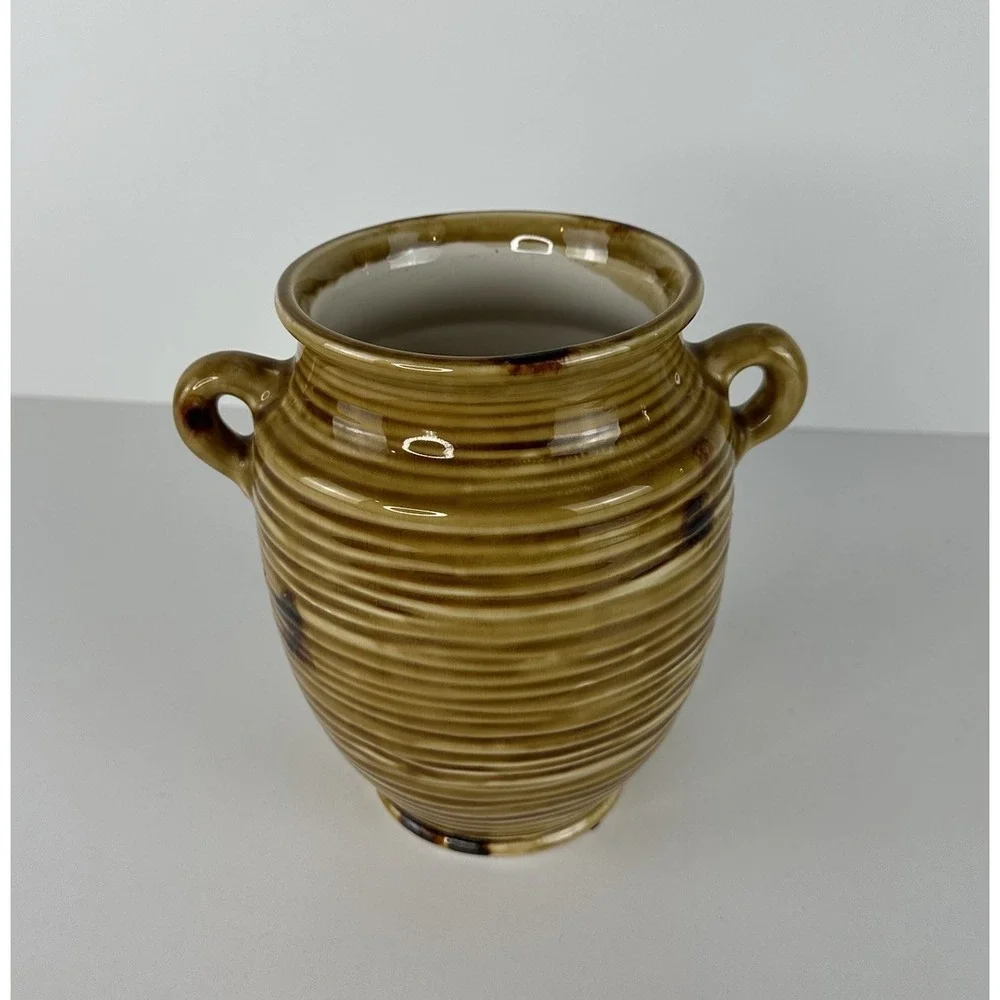 Vintage Clay Pottery Ribbed Jar Handles Utensil Crock 7x5 Gold Yellow Primitive